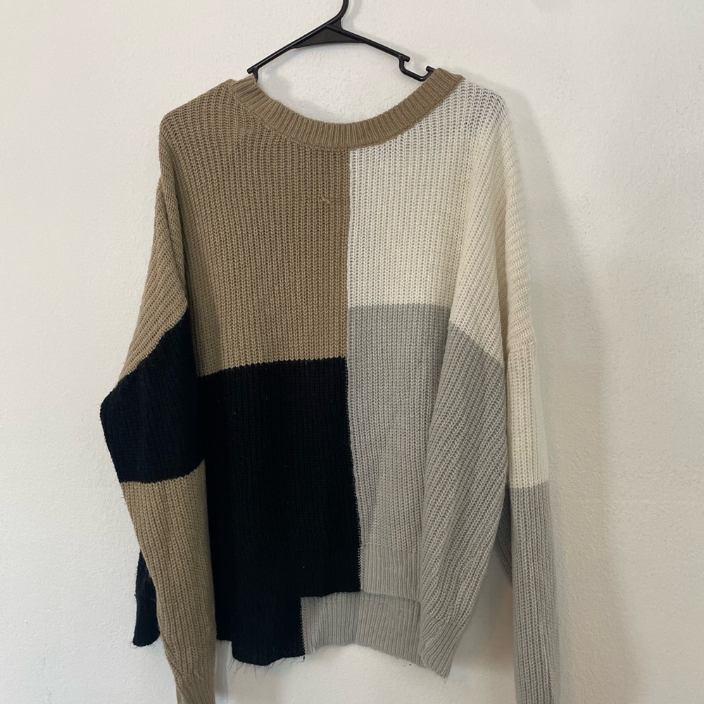 Color Block Sweater - Black, Gray, Tan, White